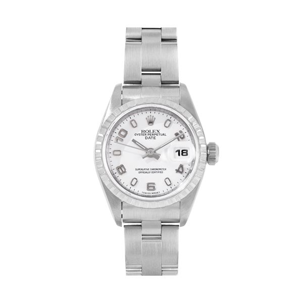 Rolex Ladies Stainless Steel White Arabic Dial Engine Turn Quickset Date Watch
