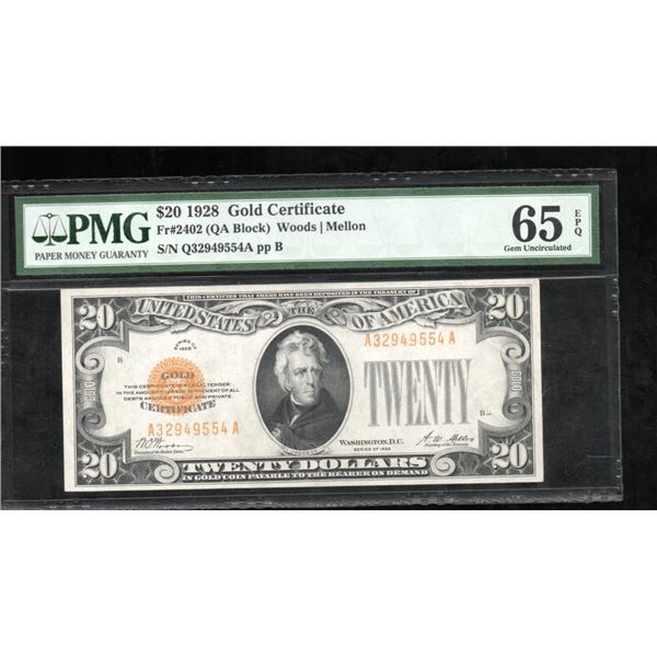 1928 $20 Gold Certificate PMG 65EPQ