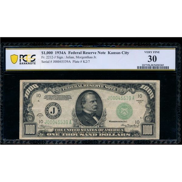 1934A $1000 Kansas City FRN PCGS 30