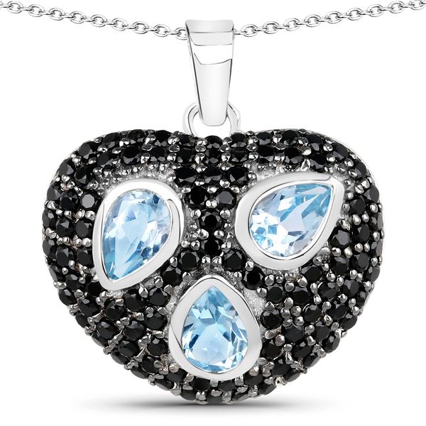 Plated Rhodium 1.44ctw Blue Topaz and Black Spinal Pendant with Chain