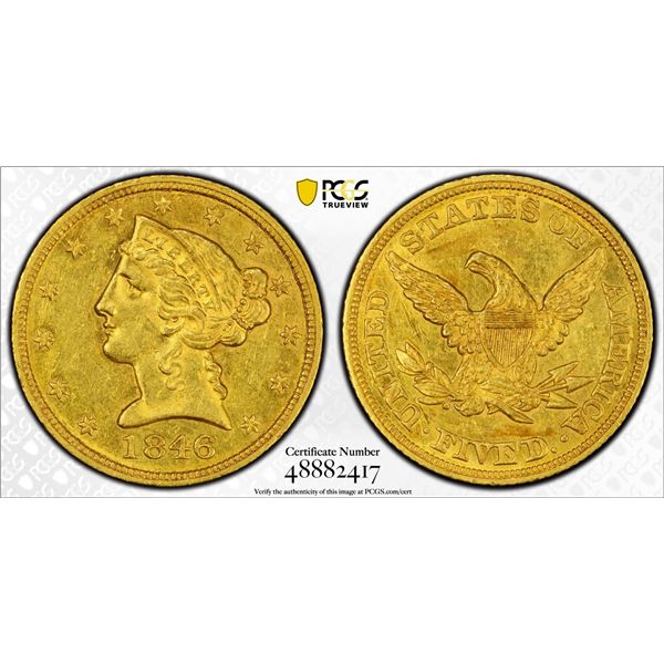 1846 $5 Liberty Head Half Dollar Gold Coin PCGS AU58