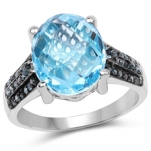 Rhodium Plated 5.51ctw Blue Topaz and Blue Diamond Ring