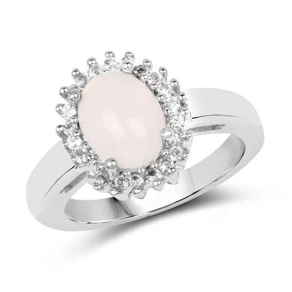 Plated 14KT White Gold 1.33ct Opal and White Topaz Ring