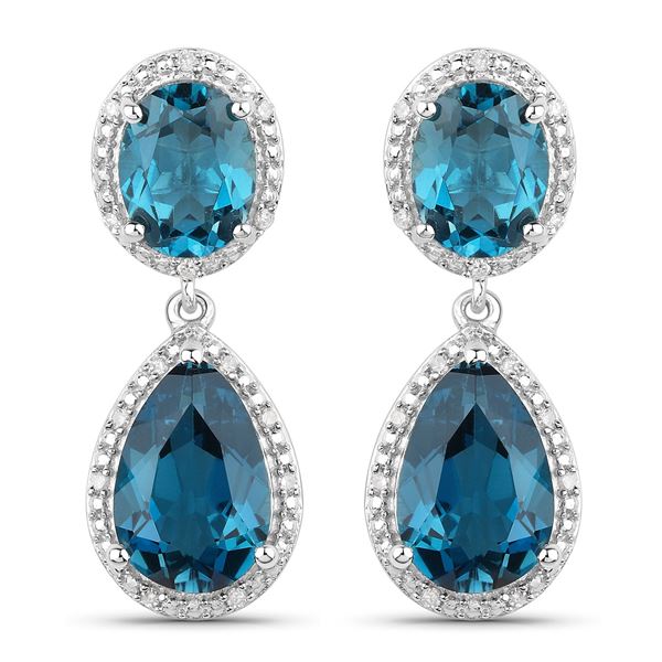 Plated Rhodium 11.45ctw London Blue Topaz and Diamond Earrings