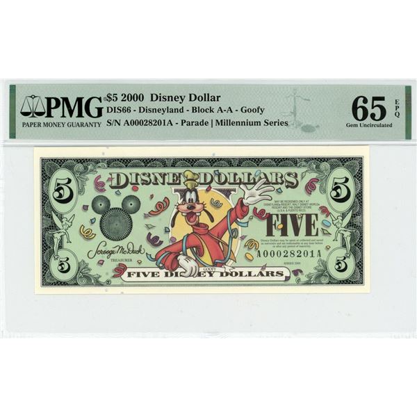 2000 $5 Goofy Millennium Disney Dollar PMG 65EPQ