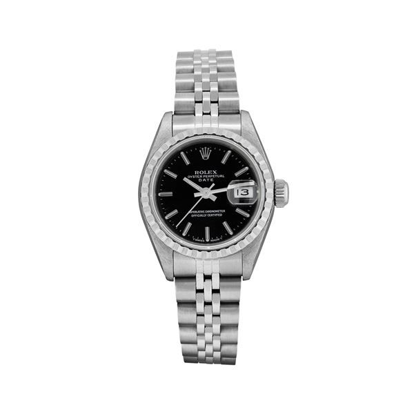 Rolex Ladies Stainless Steel Black Index Quickset Date Watch