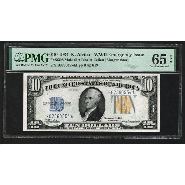 1934 $10 N Africa Silver Certificate PMG 65EPQ