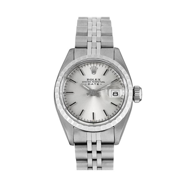 Rolex Ladies Stainless Steel Engine Turn Bezel Date Watch