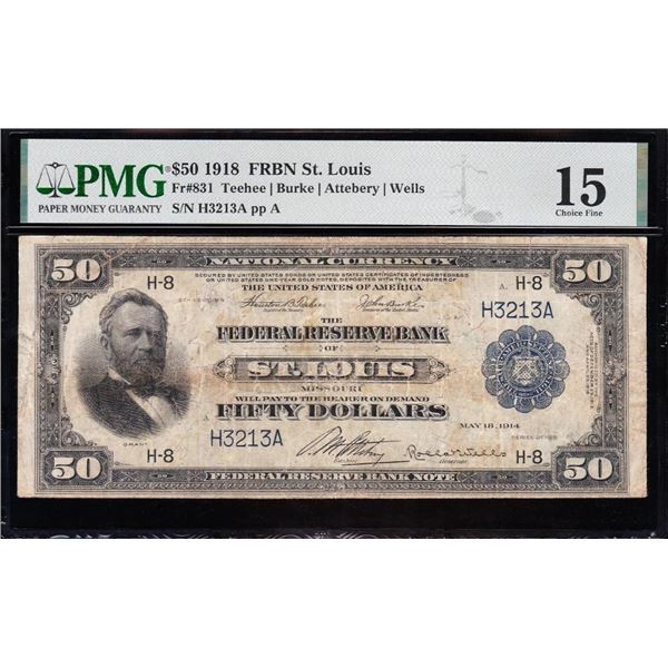 1918 $50 St Louis FRBN PMG 15