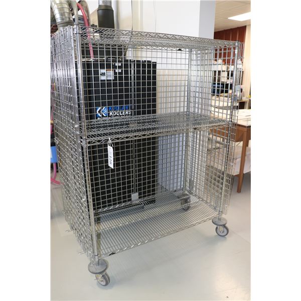 Heavy duty two door, lockable cabinet on castors, one shelf, 68"h x 52"w x 25"d.