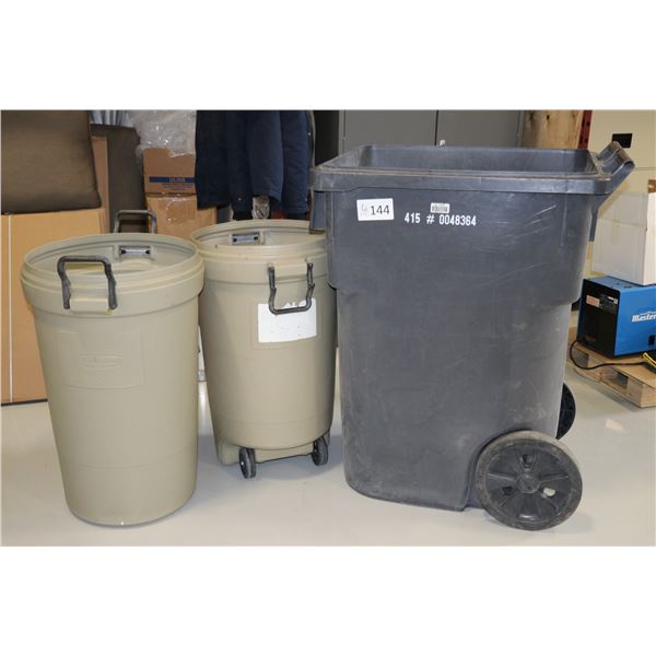 3 shop garbage bins including two barrel/drum bins and one large wheeled bin
