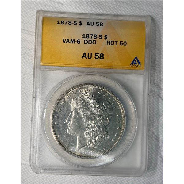 MORGAN SILVER DOLLAR 1878S ERROR VAM-6 DOUBLE DIE OBVERSE (DDO) - AU58