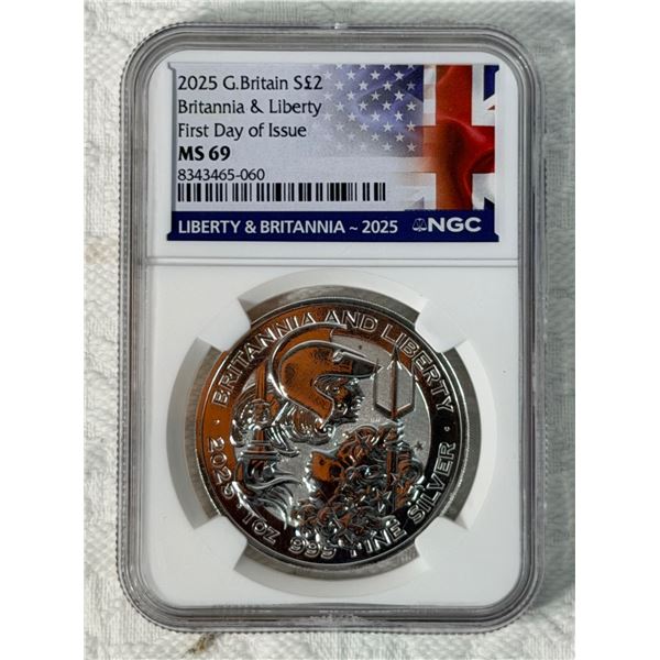 GREAT BRITAIN 1 OUNCE SILVER COIN - 2 POUNDS STERLING (S£2) - 2025 BRITANNIA - MS69; FIRST DAY OF IS