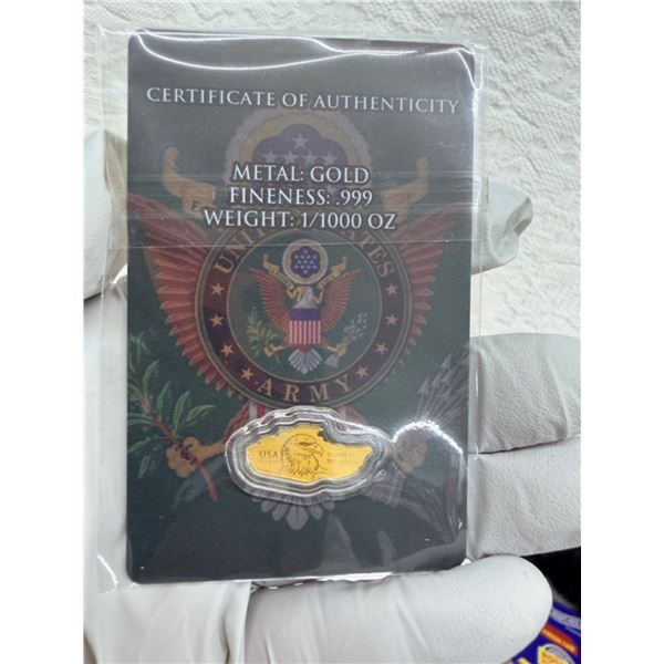 USA EAGLE ARMY CARD FRACTIONAL GOLD BAR BULLION - .999 FINE GOLD