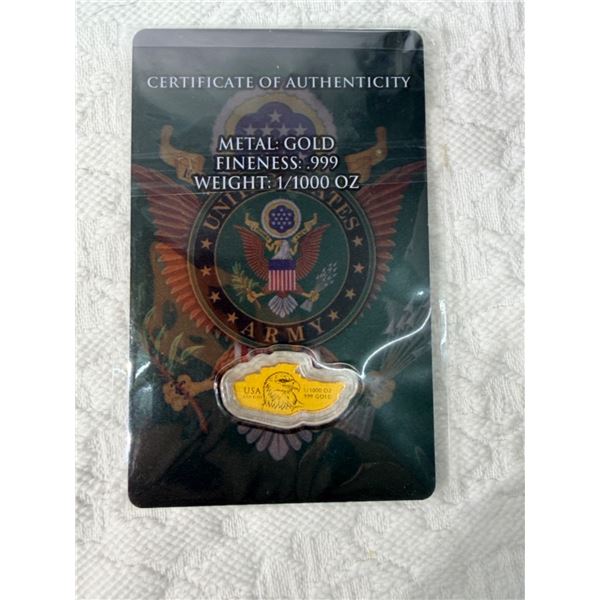 USA EAGLE ARMY CARD FRACTIONAL GOLD BAR BULLION - .999 FINE GOLD