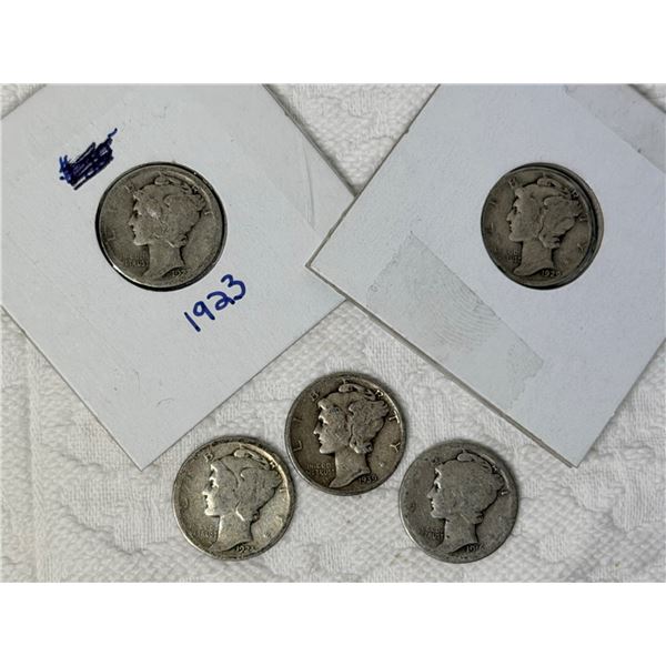 MERCURY SILVER DIMES - 1916, 1923, 1924, 1929, 1939S