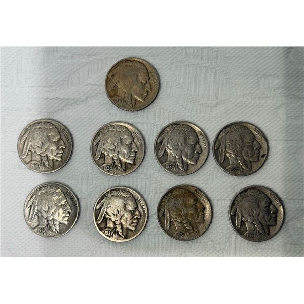 BUFFALO (INDIAN HEAD) NICKELS - 1930, 1936 (X3), 1936S, 1937 (X2), 1937D, 1937S
