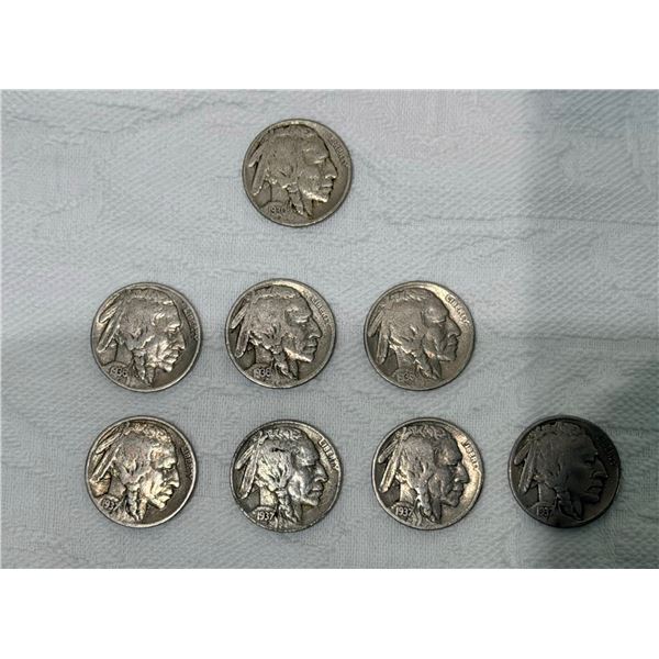 BUFFALO (INDIAN HEAD) NICKELS - 1930, 1936 (X2), 1936D, 1937 (X3), 1937D