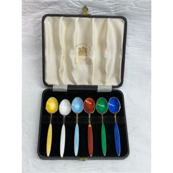 SET OF VINTAGE STERLING SILVER AND ENAMEL DEMITASSE SPOONS BY VINERS LTD IN SHEFFIELD, ENGLAND