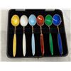 Image 6 : SET OF VINTAGE STERLING SILVER AND ENAMEL DEMITASSE SPOONS BY VINERS LTD IN SHEFFIELD, ENGLAND