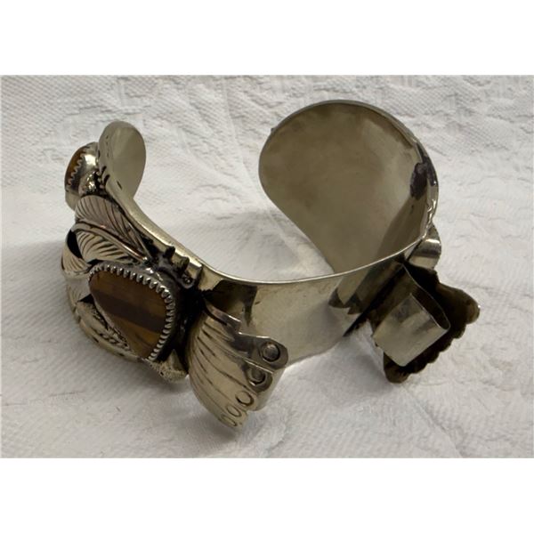 NATIVE AMERICAN CUFF BRACELET WITH TIGER'S EYE STONES; HANDCRAFTED