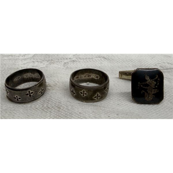 ANTIQUE STERLING SILVER RINGS AND CUFF LINK