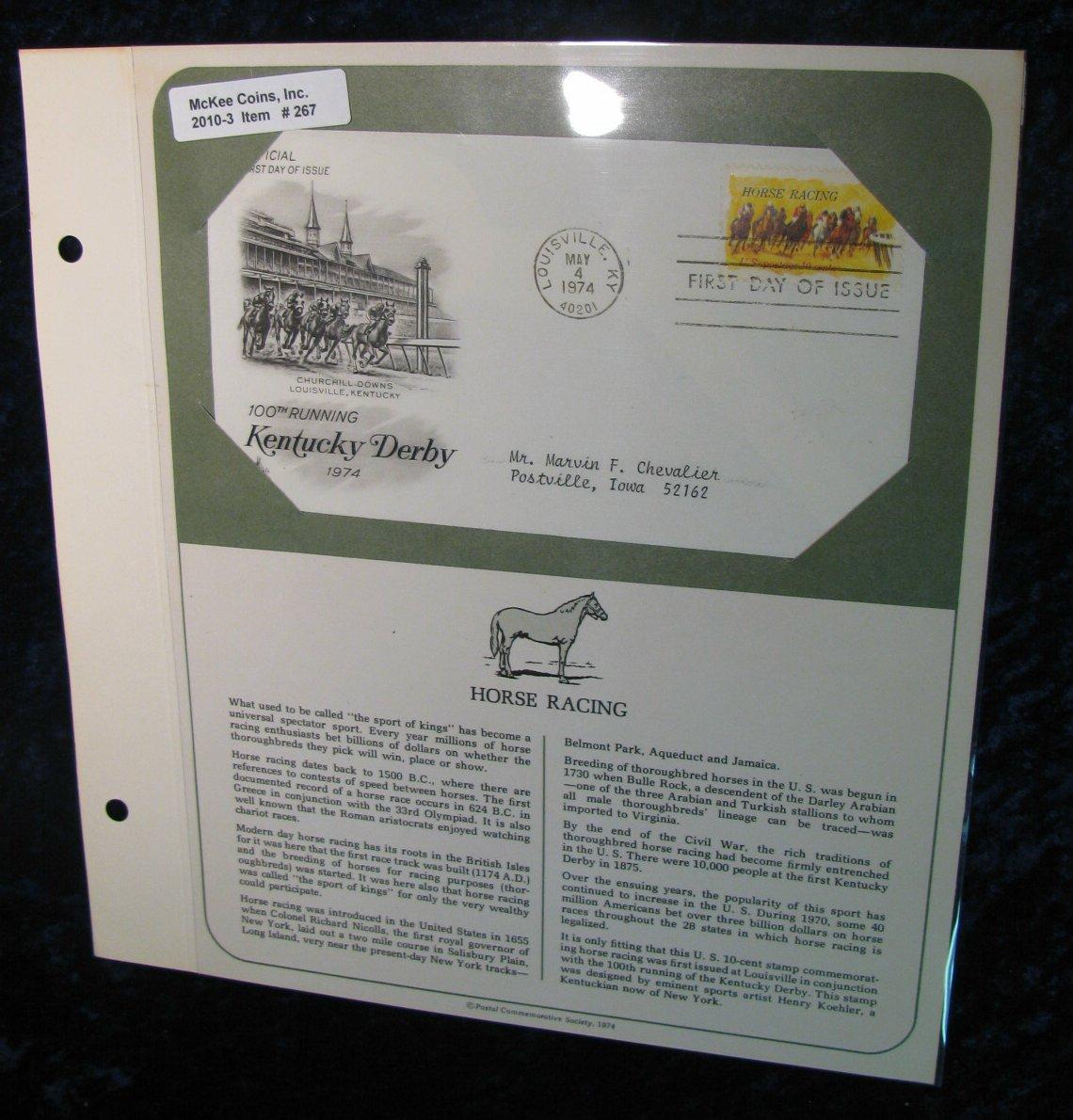 267. 1974 100th Running Kentucky Derby First Day Cover with literature.