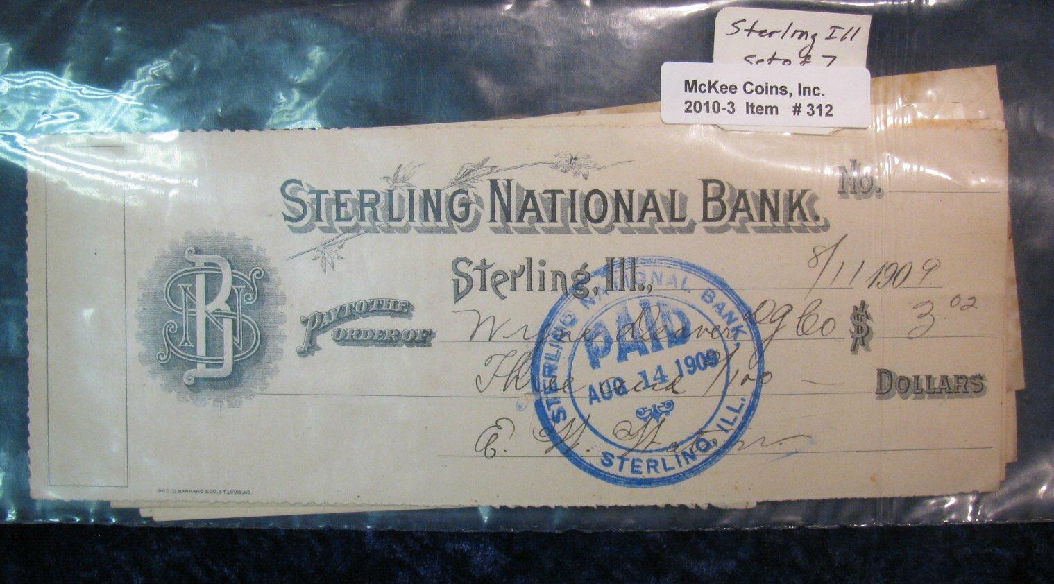 312. Set of 7 Different "Sterling National Bank, Sterling, Ill." Checks