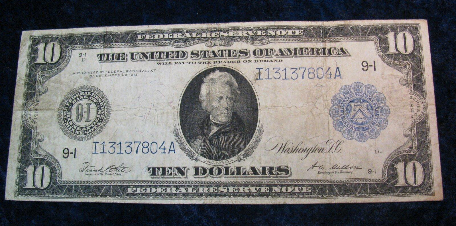 345. Series 1914 10 Federal Reserve Note "Horse Blanket Note" FVF.