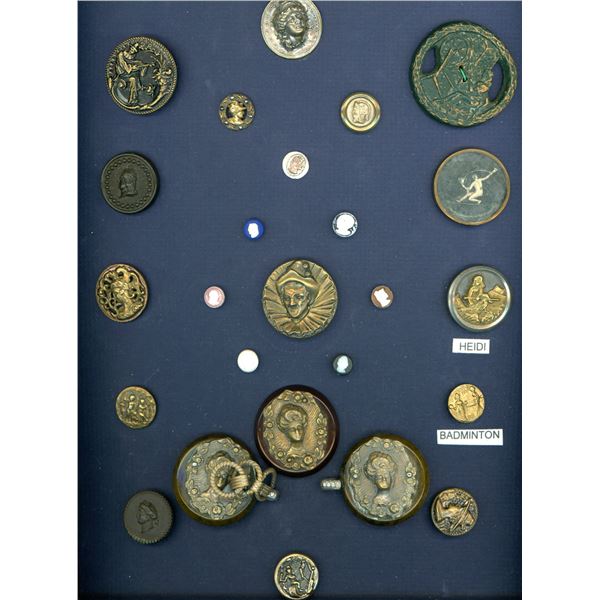 A CARD OF DIVISION 1 & 3 HEADS AND FIGURAL BUTTONS