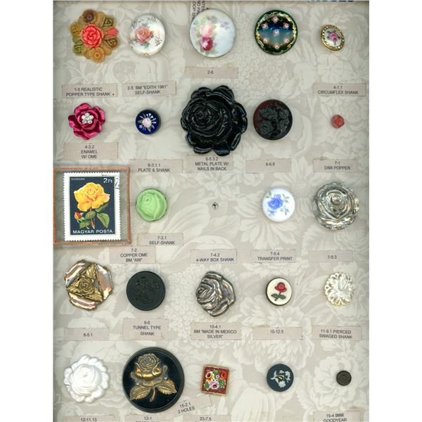 A CARD OF DIVISION ONE AND THREE FLOWER BUTTONS