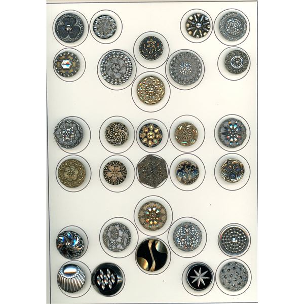 A CARD OF DIVISION 1 & 3  ASSORTED BLACK GLASS BUTTONS