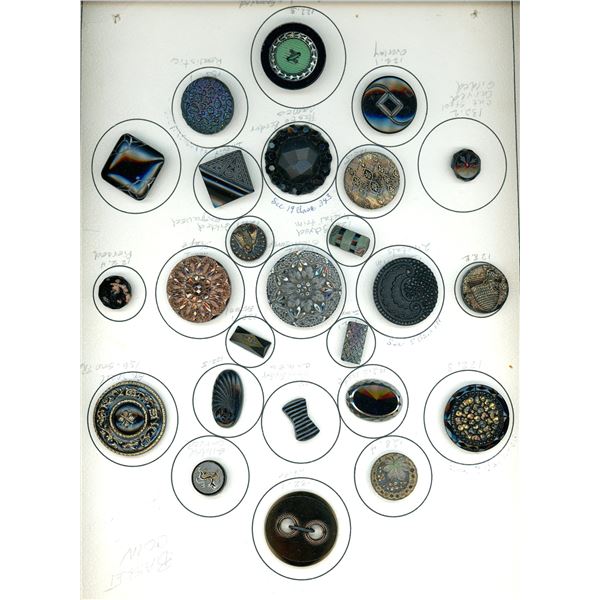 A CARD OF DIVISION ONE ASSORTED BLACK GLASS BUTTONS