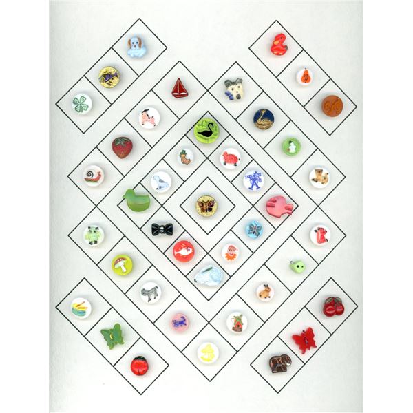 2 CARDS OF DIVISION THREE PICTORIAL GLASS BUTTONS