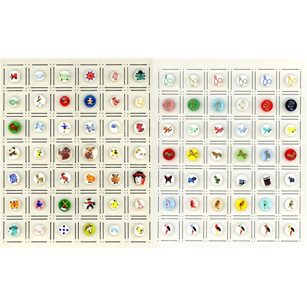 2 CARDS OF DIVISION THREE PICTORIAL GLASS BUTTONS