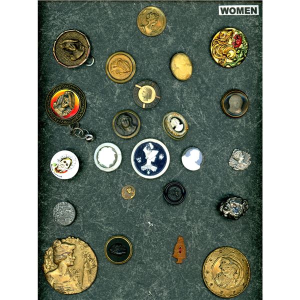 A CARD OF DIVISION ONE AND THREE WOMEN BUTTONS