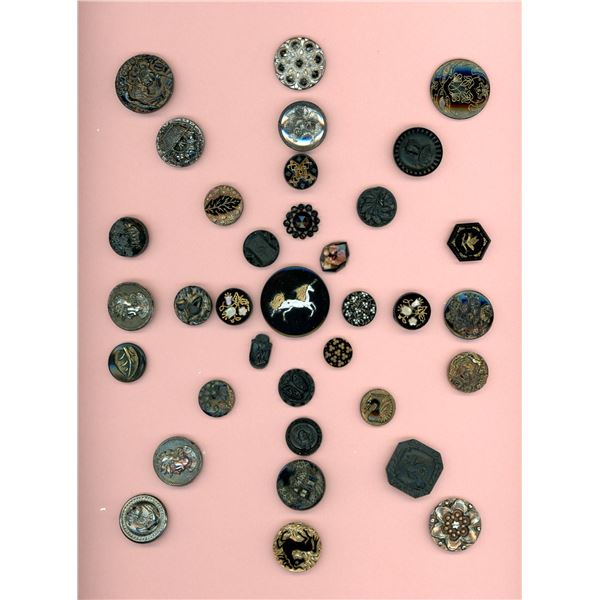 A CARD OF DIVISION 1 & 3 ASSORTED BLACK GLASS BUTTONS