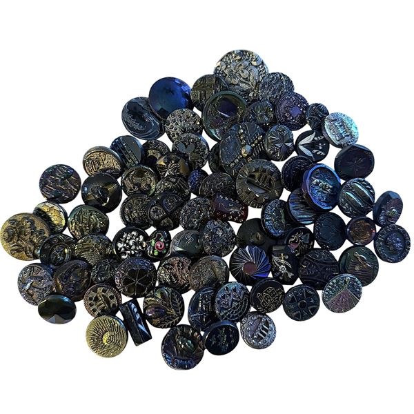 A NICE BAG LOT OF DIVISION ONE BLACK GLASS BUTTONS