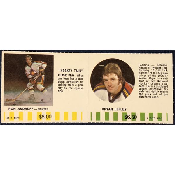 1976-77 COLORADO ROCKIES NHL PUCK BUCKS GAME CARD - ANDRUFF / LEFLEY