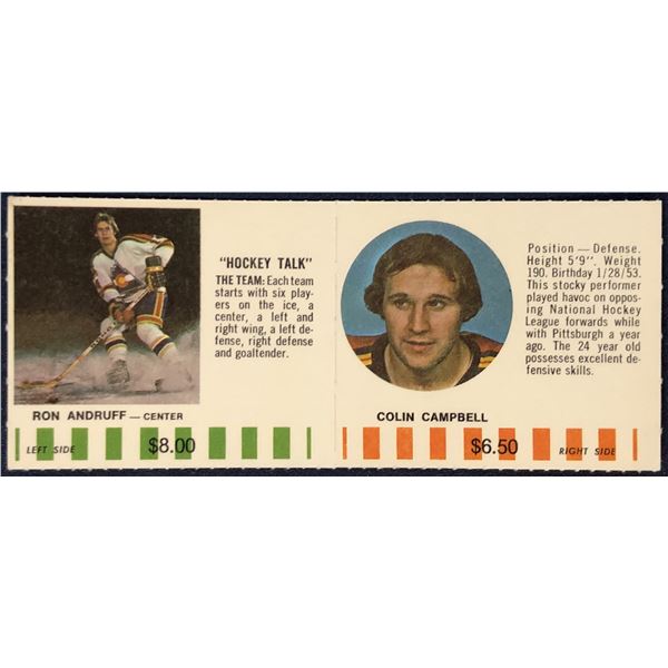 1976-77 COLORADO ROCKIES NHL PUCK BUCKS GAME CARD - CAMPBELL / ANDRUFF