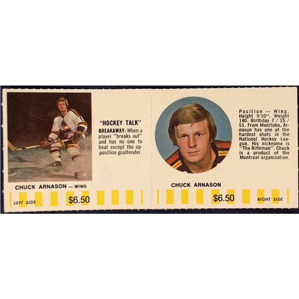 1976-77 COLORADO ROCKIES NHL PUCK BUCKS GAME CARD - CHUCK ARNASON