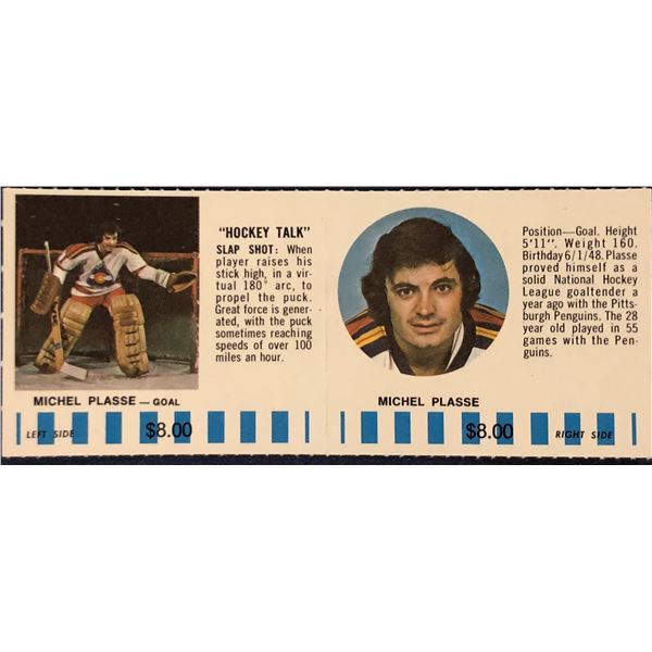 1976-77 COLORADO ROCKIES NHL PUCK BUCKS GAME CARD - MICHEL PLASSE