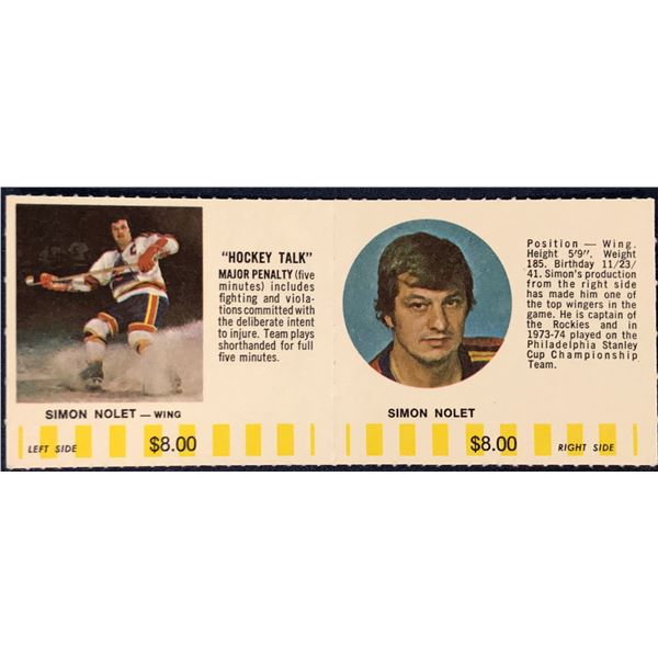 1976-77 COLORADO ROCKIES NHL PUCK BUCKS GAME CARD - SIMON NOLET