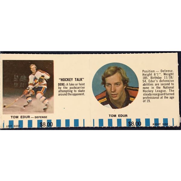 1976-77 COLORADO ROCKIES NHL PUCK BUCKS GAME CARD - TOM EDUR