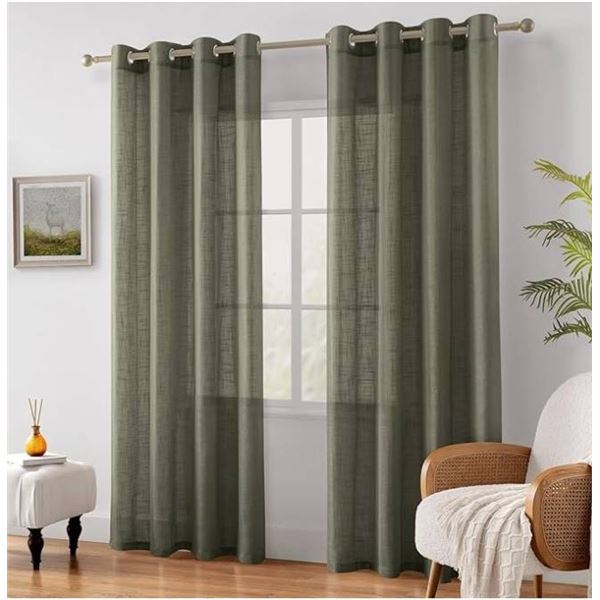Homeideas Olive Green Linen Window Treatment, 2 Panels, 96 Inches Long