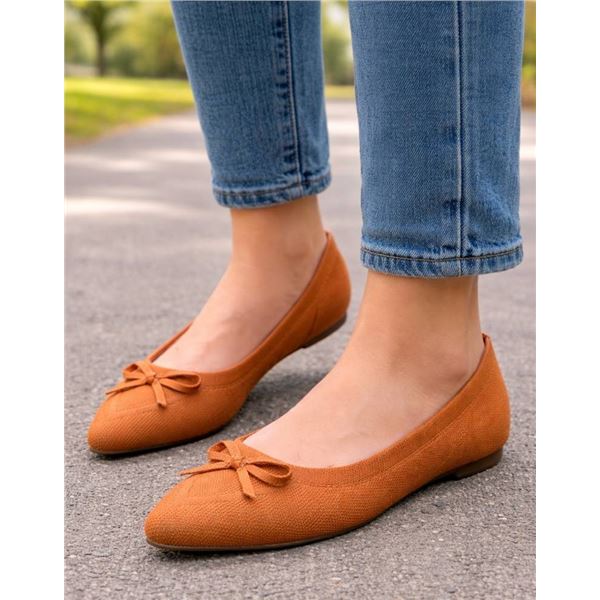 Brown Textured Fabric Ballet Flats with Bow Details, Women‚Äôs Size 7