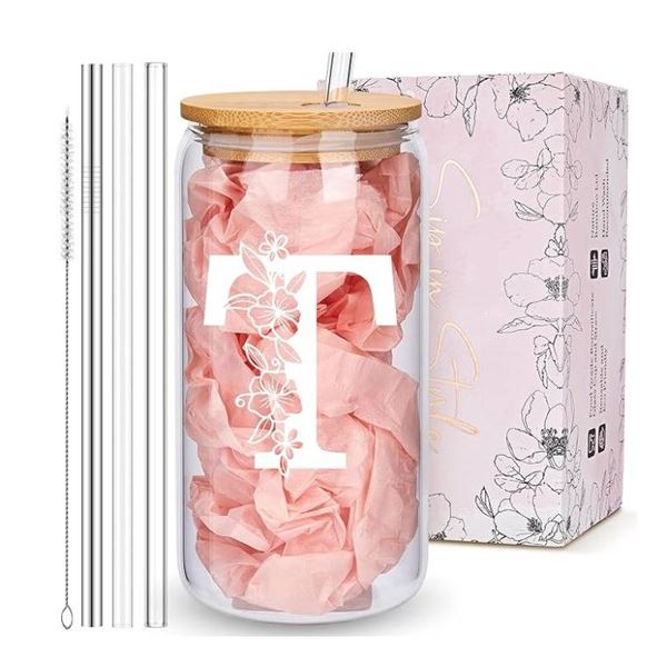 Glass Cup with T Monogram and Floral Design with Straw Set