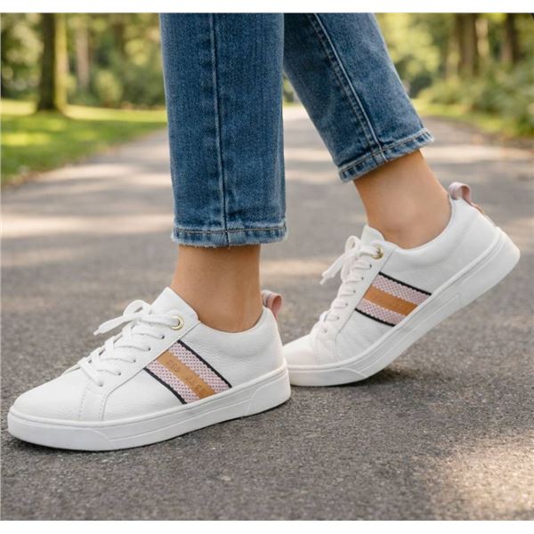 Ted Baker White Lace-Up Sneakers With Colorful Side Stripe, Women's Size 7