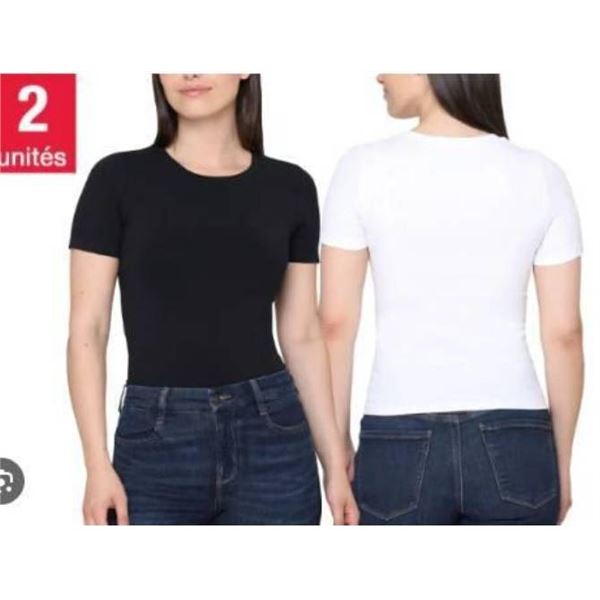 Tahari Smooth Seamless T-Shirt, S/P, Black and White