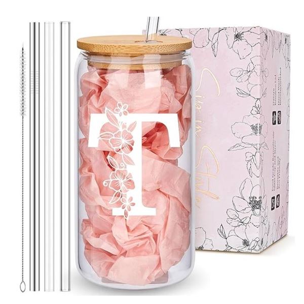 Glass Cup with T Monogram and Floral Design with Straw Set